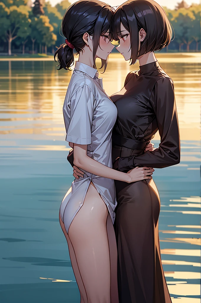 （masterpiece，high quality），2 girls，（The first person is 155cm tall,Slender body,Thin chest,Black hair ponytail,Slanted Eyes）（The second person is 165cm tall,Healthy sex appeal,Nice body,Large Breasts,Chestnut brown bob haircut,Drooping eyes）Leading the way，Anime，See each other，Embrace each other，Gentle idea-m chest，Wet shirt，（Standing on the lake），Morning Glow：1.2，Side view