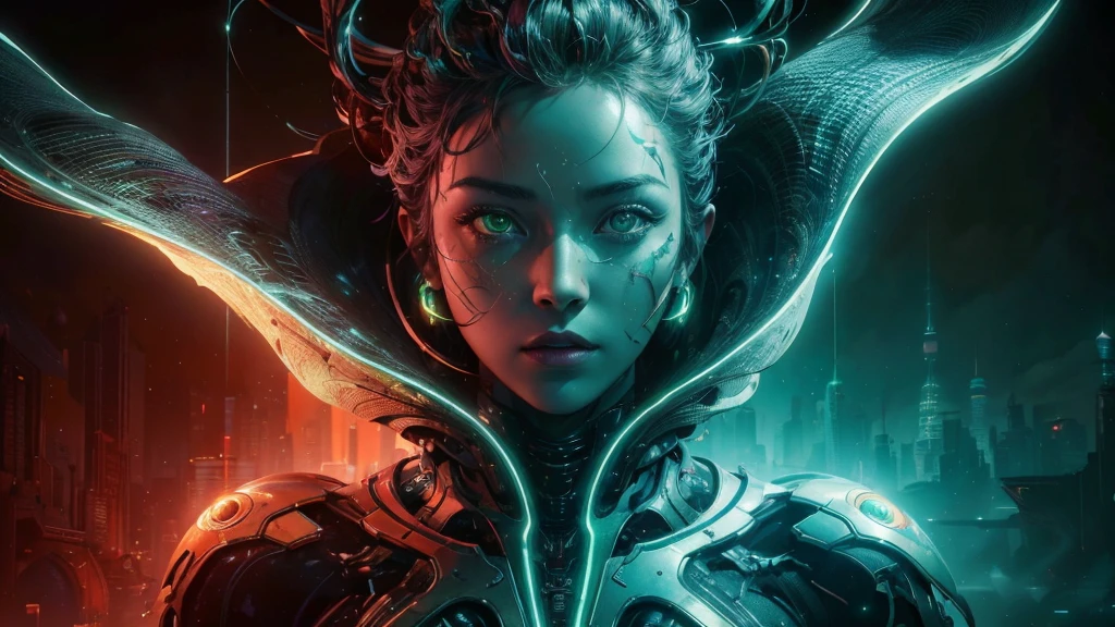 A striking cinematic portrait showcasing the power and intricacies of AI. The photo features a futuristic AI character with a metallic face, glowing green eyes, and a flowing, digital-like outfit. The background is a blend of dark space and cityscape, with a neon glow that brings out the AI's vivid colors. The overall atmosphere of the image is both mysterious and captivating, as if it's the poster for an upcoming sci-fi blockbuster., poster, cinematic, portrait photography, photo, A captivating cinematic portrait that embodies the power and complexity of AI. The futuristic AI character is depicted with an intricate metallic face, mesmerizing glowing green eyes, and a flowing, digital-inspired outfit that contrasts with the dark space and cityscape background. The neon glow accentuates the character's vibrant colors, creating a sense of mystery and excitement. The overall atmosphere of this striking image is both enigmatic and enthralling, as if it's the poster for an upcoming groundbreaking sci-fi film., photo, cinematic, poster, portrait photography