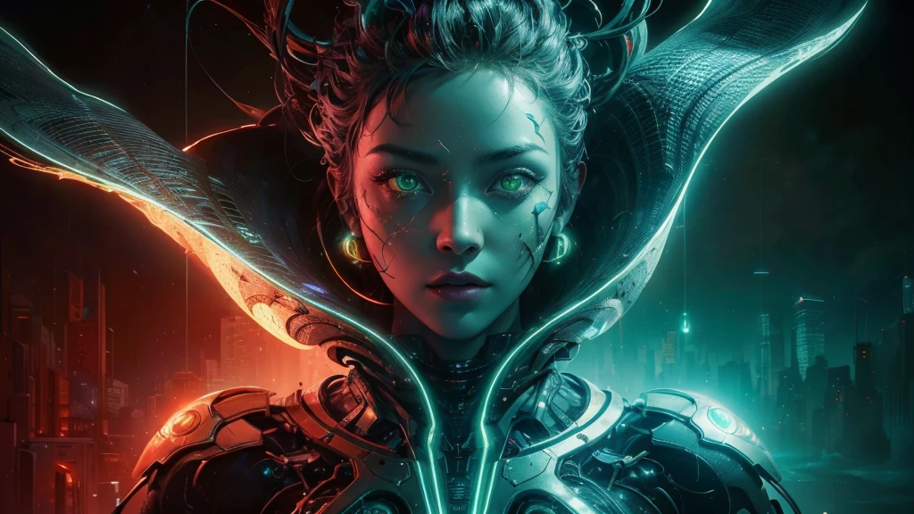 A striking cinematic portrait showcasing the power and intricacies of AI. The photo features a futuristic AI character with a metallic face, glowing green eyes, and a flowing, digital-like outfit. The background is a blend of dark space and cityscape, with a neon glow that brings out the AI's vivid colors. The overall atmosphere of the image is both mysterious and captivating, as if it's the poster for an upcoming sci-fi blockbuster., poster, cinematic, portrait photography, photo, A captivating cinematic portrait that embodies the power and complexity of AI. The futuristic AI character is depicted with an intricate metallic face, mesmerizing glowing green eyes, and a flowing, digital-inspired outfit that contrasts with the dark space and cityscape background. The neon glow accentuates the character's vibrant colors, creating a sense of mystery and excitement. The overall atmosphere of this striking image is both enigmatic and enthralling, as if it's the poster for an upcoming groundbreaking sci-fi film., photo, cinematic, poster, portrait photography