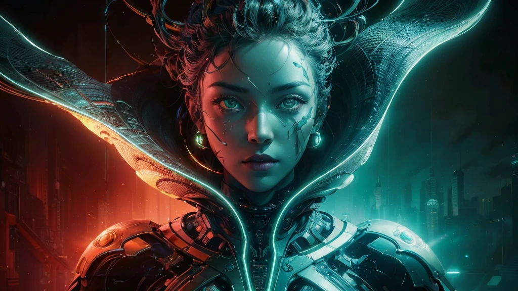 A striking cinematic portrait showcasing the power and intricacies of AI. The photo features a futuristic AI character with a metallic face, glowing green eyes, and a flowing, digital-like outfit. The background is a blend of dark space and cityscape, with a neon glow that brings out the AI's vivid colors. The overall atmosphere of the image is both mysterious and captivating, as if it's the poster for an upcoming sci-fi blockbuster., poster, cinematic, portrait photography, photo, A captivating cinematic portrait that embodies the power and complexity of AI. The futuristic AI character is depicted with an intricate metallic face, mesmerizing glowing green eyes, and a flowing, digital-inspired outfit that contrasts with the dark space and cityscape background. The neon glow accentuates the character's vibrant colors, creating a sense of mystery and excitement. The overall atmosphere of this striking image is both enigmatic and enthralling, as if it's the poster for an upcoming groundbreaking sci-fi film., photo, cinematic, poster, portrait photography