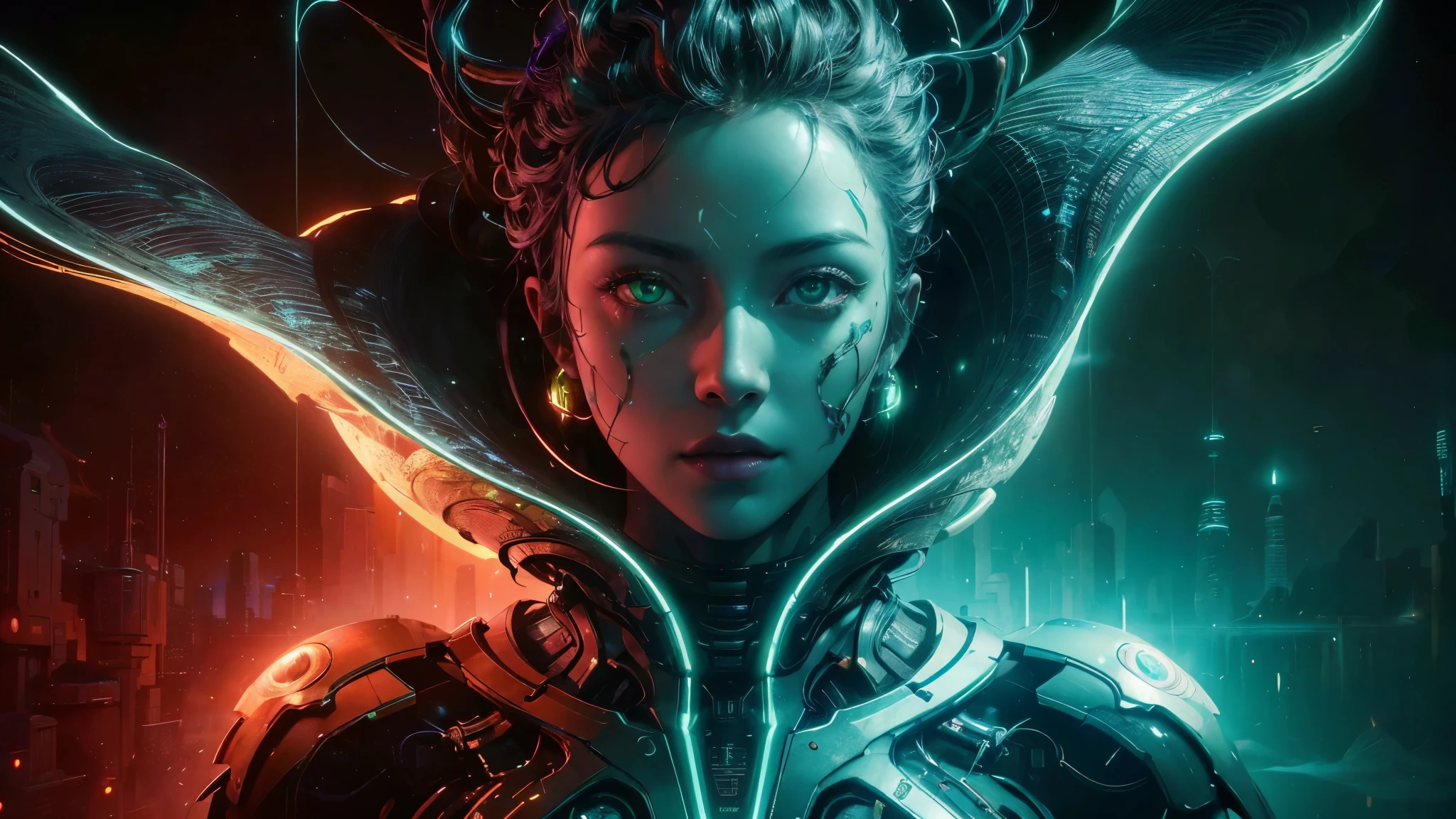 A striking cinematic portrait showcasing the power and intricacies of AI. The photo features a futuristic AI character with a metallic face, glowing green eyes, and a flowing, digital-like outfit. The background is a blend of dark space and cityscape, with a neon glow that brings out the AI's vivid colors. The overall atmosphere of the image is both mysterious and captivating, as if it's the poster for an upcoming sci-fi blockbuster., poster, cinematic, portrait photography, photo, A captivating cinematic portrait that embodies the power and complexity of AI. The futuristic AI character is depicted with an intricate metallic face, mesmerizing glowing green eyes, and a flowing, digital-inspired outfit that contrasts with the dark space and cityscape background. The neon glow accentuates the character's vibrant colors, creating a sense of mystery and excitement. The overall atmosphere of this striking image is both enigmatic and enthralling, as if it's the poster for an upcoming groundbreaking sci-fi film., photo, cinematic, poster, portrait photography