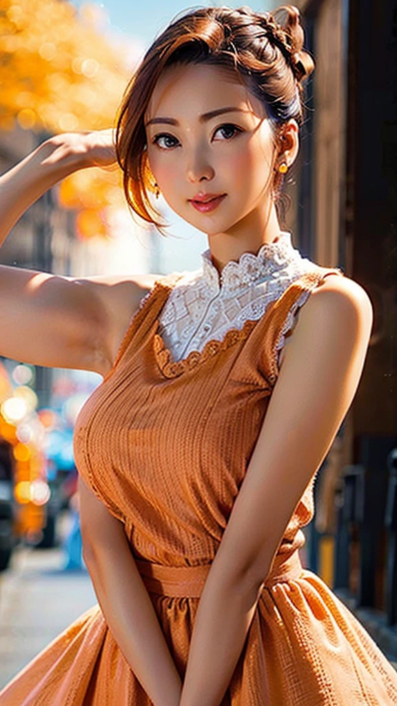 a woman posing on the street corner with orange dress on, best quality, 1girl, huge breasts, day, bright, blur background, bokeh, outdoor, (street:0.8), (people, crowds:1), (lace-trimmed dress:1.5, orange sleeveless dress, orange clothes:1.5, orange high-neck dress:1.5, orange dress: 1.5), gorgeous, (hair up:1.5), beautiful detailed sky, beautiful earrings, (dynamic pose:1), (upper body:0.8), soft lighting, wind, shiny skin, 