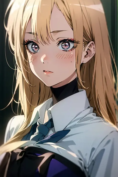 marin kitagawa, medium breasted, long blonde hair, (school uniform), beautiful detailed eyes, beautiful detailed lips, extremely...