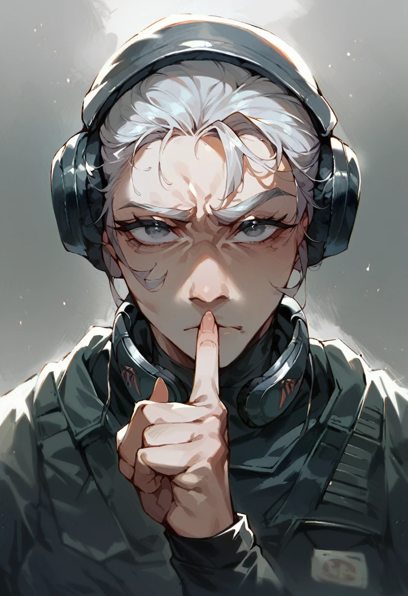 score_9,score_8_up,score_7_up, shushing gesture, finger on mouth, asian older woman Special Ops in black tight tactical stealth suit, slight wrinkles. headphones, serious expression, one messy bun with dark greying hair, grey eyes, empty dark millitary base background
