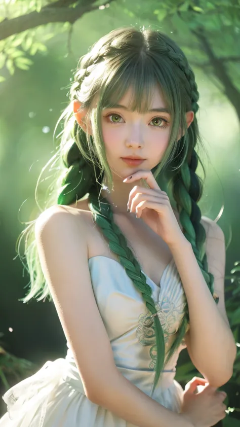 create an anime-style artwork of an elven girl with long, braided silver-green hair. she has delicate features, pointed ears, an...