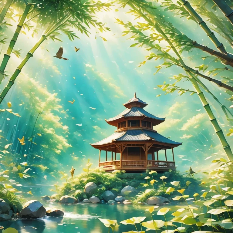 bamboo forest，unmanned，bird，，Wide-angle lens，Gazebo,uhd, masterpiece, high details, high quality, best quality, highres