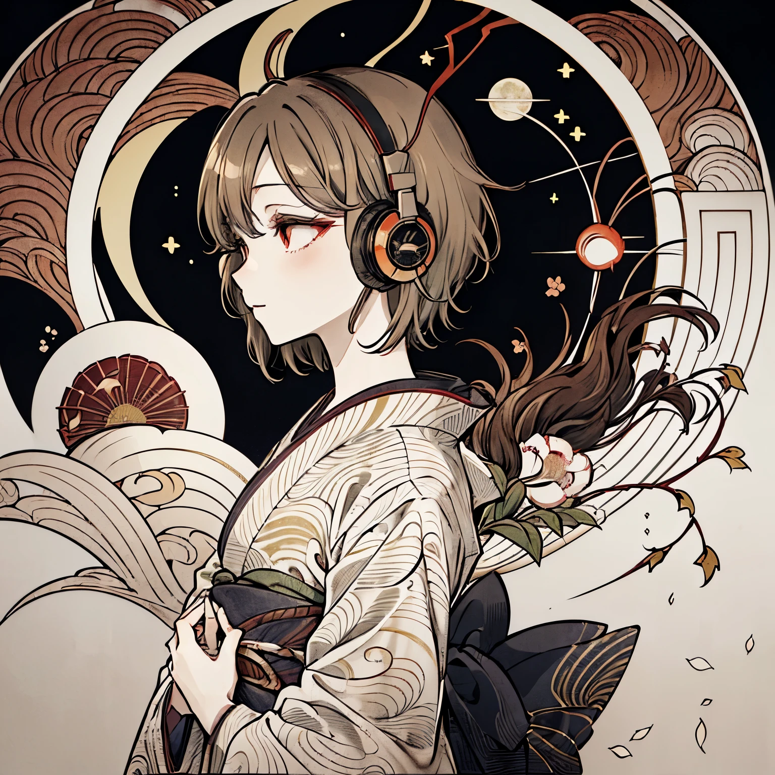 Highest quality, Tabletop, (girl, kimono, Red eyes, profile, Wavy short hair, Brown Hair, Upper Body), (moon, Greenish foliage), Long eyelashes, alone, firework, ((background: night, starry sky)), ((headphones)), ((ukiyo-e style)),