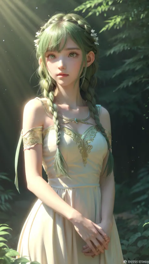 create an anime-style artwork of an elven girl with long, braided green tosca hair. she has delicate features, pointed ears, and...