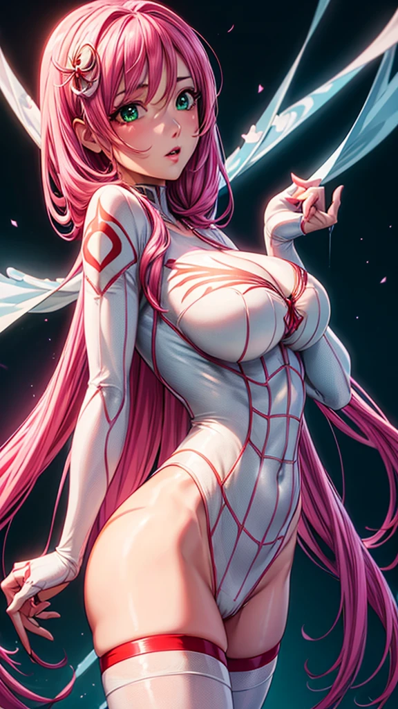 a beautiful detailed white spiderman cosplay girl,1girl,extremely detailed face and eyes,long pink hair,green eyes, large breasts,white skin,red spider symbol on costume,8k,best quality,highres,masterpiece,realistic,studio lighting,vivid colors,hyper detailed