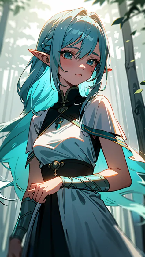 create an anime-style artwork of an elven girl with long, braided powder blue hair. she has delicate features, pointed ears, and...