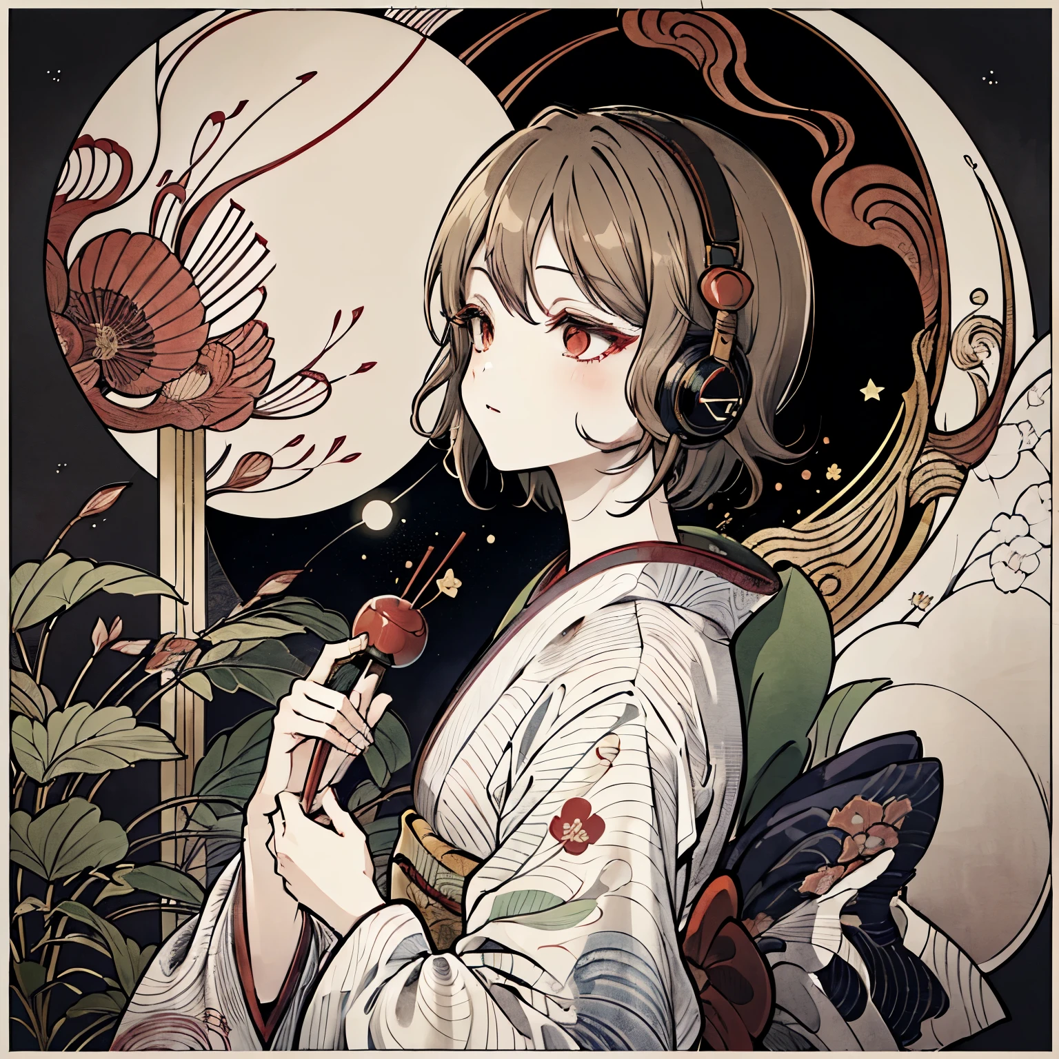 Highest quality, Tabletop, (girl, kimono, Red eyes, profile, Wavy short hair, Brown Hair, Upper Body), (moon, Greenish foliage), Long eyelashes, alone, firework, ((background: night, starry sky)), ((headphones)), ((ukiyo-e style)),