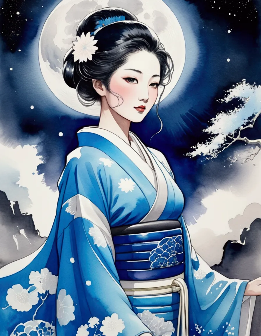 taisho romance　shrine　a big blue moon and a beautiful, free and ambitious japanese woman in a kimono　aquarius blue moon　big moon...