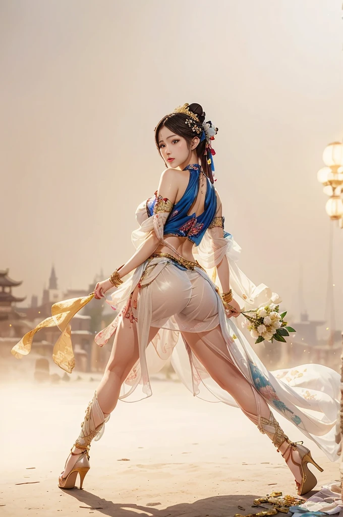 Chinese girl holding gold coins , Thick body, Curvy body, Bending at waist, Large Breasts, White skin, Gorgeous clothing with exquisite embroidery, Exposing breasts, Flowing tulle, Long transparent colored ribbon tied around the arm, Inspired by Cinderella, Show your belly button, Bare shoulders, Bare neck, High bun，Flower hairpins, Ribbon on armband, wreath, bracelet, Anklets, High heel, Metal chain tassels at waist, Mogao Grottoes Art, Ink Painting, cgstation pop music, In the castle at night, ((whole body)), ((Super realistic))