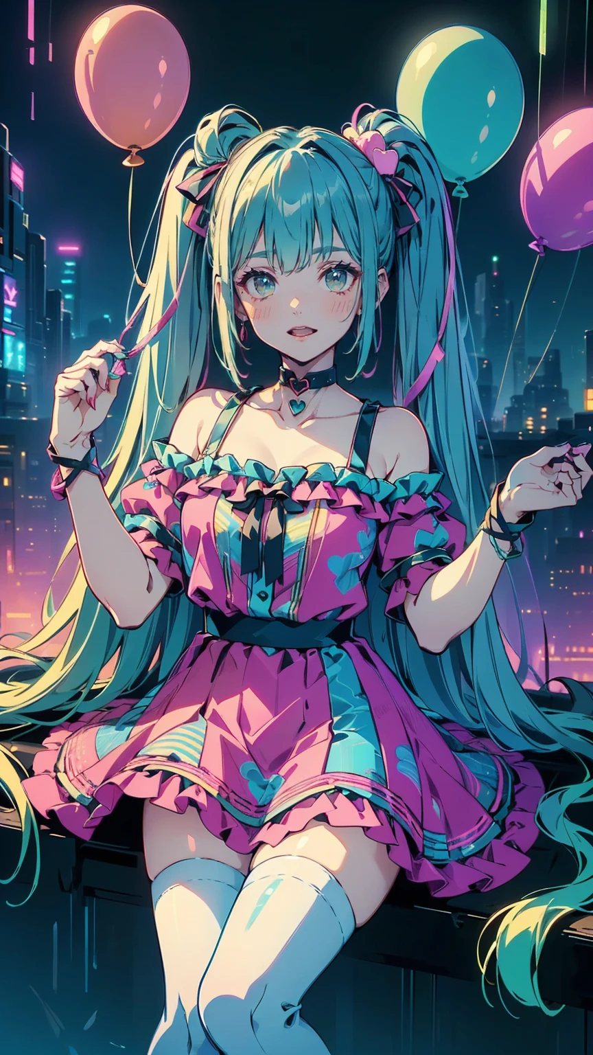 Expressive eyes, One person, Pale skin, Long Hair, Windblown Hair, ((absurdly Long Hair)), Long Side Lock, Princess bangs, Hair bangs, Hair Bun, ((Very long twin tails)), Rainbow Hair, Light pink hair, blush, full face blush, big sparkling Pastel Purple eyes, (Gradient Eye), Laughing with your mouth open, cute pose, ((Holding a balloon : 1.3)) ((cute and pastel fashion)) ((🎈🎉 theme : 1.4)) A loose pastel dress, ((Dreamy multi-colored open dress)), (Floating ribbon), Lavender Frill, Pink frills, (Light blue lace), Removable short sleeves, Fluffy skirt, ((Rainbow and star printed skirt : 1.3)), Data skirt, Purple ribbon, ((pom pom ribbon hair ornament : 1.4)), Multiple Bows, Striped lace stockings, (heart型のレッグガーター), cute (Pastel Purple) shoes ((Ultra-detailed clothing and fashion)) I&#39;m watching you, Vintage Girl, blush, (Beautiful attention to detail), (Highly detailed CG Unity 8k wallpaper) (Best Shadow), ((Very delicate and beautiful)), (Detailed light), ((Depth of written boundary)) Big Head, Big, bright eyes, Moe, Splash Art, Cinema Lighting, Front view, Volumetric lighting Maximalist photo illustration k resolution High resolution Intricate detailed complex key visuals Accurate linear ((Dreamy pastel sky background, Surrounded by sunset clouds, shooting star, Castle above the clouds)) ((Ultra-detailed landscapes, Foggy clouds, Hung by balloons, heart : 1.3))
