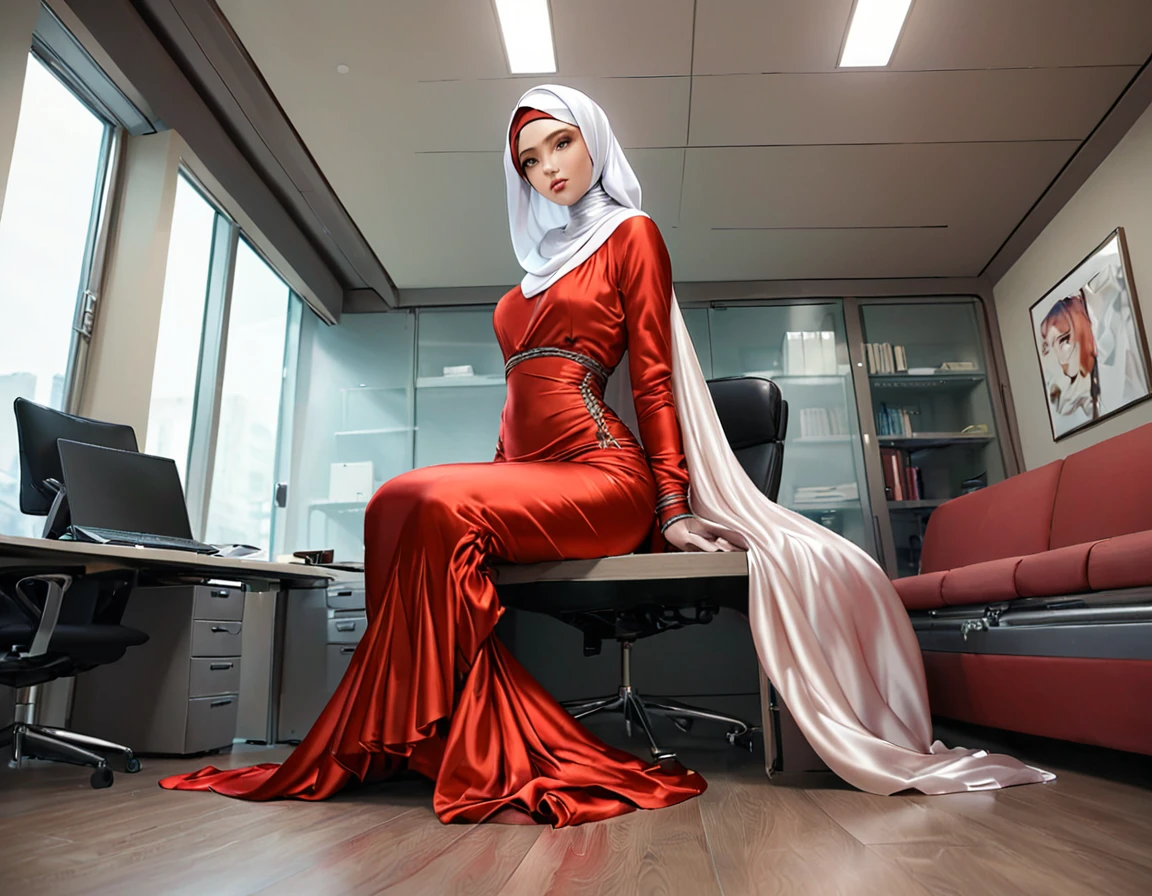 A rusian woman shrouded in a 10-meter-long, plush red satin cloth, tightly bound and grandly draping along the form of her body, flowing off into a pooled floor-length train, styled in a mermaid-inspired outfit, her head modestly veiled in a satin hijab, tall woman, in office room with her bos, a full-body pose conveying a sense of mysterious elegance, captured in a 4k resolution, ultra-realistic