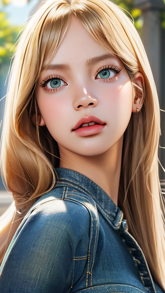 a gorgeous woman ((looks like Lalisa Manoban)), gorgeous korean woman, very detailed face, ((perfect blond hair)), ((long eyelashes)), (black eyelashes), very detailed hair, brown eyebrows, (green eyes), huge lips, big nose, big forehead, attractive lady, sharp cheekbones, (very sharp cheekbones), really good looking face, gorgeous light, digital art, photorealistic anime girl render, 3d character realistic, hyperrealistic smooth anime art, hyperrealistic, wide hips, narrow waist, ((big breasts)), long legs, ((chubby big breasts)), long legs, jeans