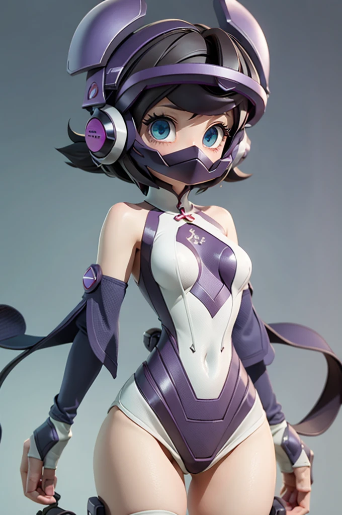 (Highly detailed CG), (Highest quality), One person, Perfect Face,  Glowing Skin, Shiny skin, Wide Hips,Tight waist, KohinataMiku,bangs,mask,Helmet,blue eyes,Removable sleeves,Purple gloves,Bodysuits,leotard,Knee socks Elbow gloves,Exposing shoulders,headgear,One person,Black Hair, short hair, Mind control, Glowing Eyes, Expressionless, , View your viewers,Dynamic Angle、Dynamic Pose