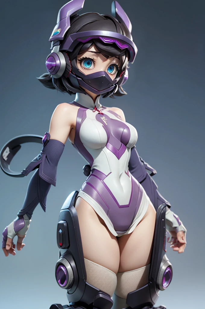 (Highly detailed CG), (Highest quality), One person, Perfect Face,  Glowing Skin, Shiny skin, Wide Hips,Tight waist, KohinataMiku,bangs,mask,Helmet,blue eyes,Removable sleeves,Purple gloves,Bodysuits,leotard,Knee socks Elbow gloves,Exposing shoulders,headgear,One person,Black Hair, short hair, Mind control, Glowing Eyes, Expressionless, , View your viewers,Dynamic Angle、Dynamic Pose