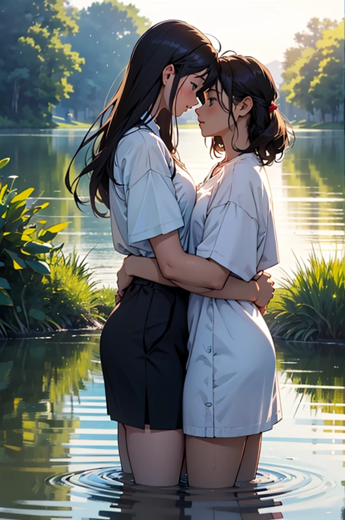 （masterpiece，high quality），2 Girls，yori，Anime Girl，Look at each other，Hug each other，Gentle eyeedium chest，Wet shirt，（Standing in the lake），morning glow：1.2，Side view