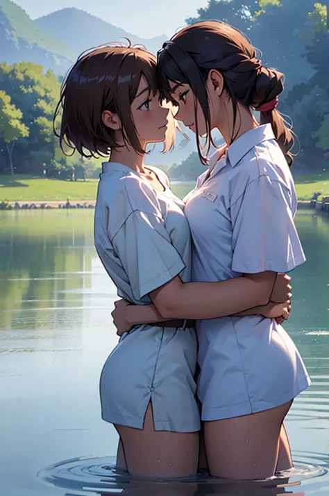 （masterpiece，high quality），2 girls，yori，anime girl，look at each other，hug each other，gentle eyeedium chest，wet shirt，（standing i...