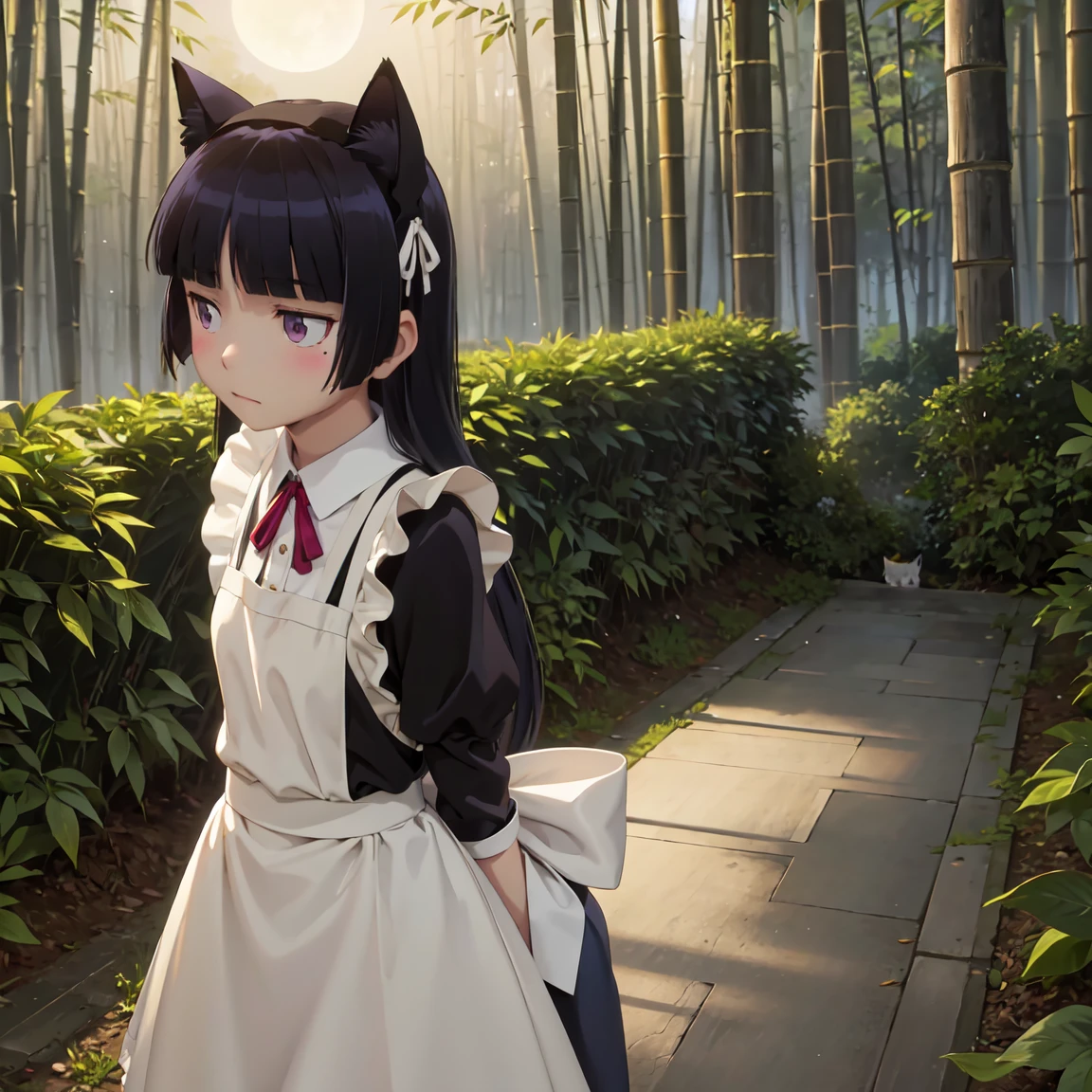 Standing in the bamboo forest, Moonlight shines in, Silence and mysticism, (ruri gokou), woman, alone, Hime cut, Long Hair, Maid clothes, Cat ear, stockings, Black Tail, apronスカート, apron, Frills, ribbon, collar, cuffs, full body