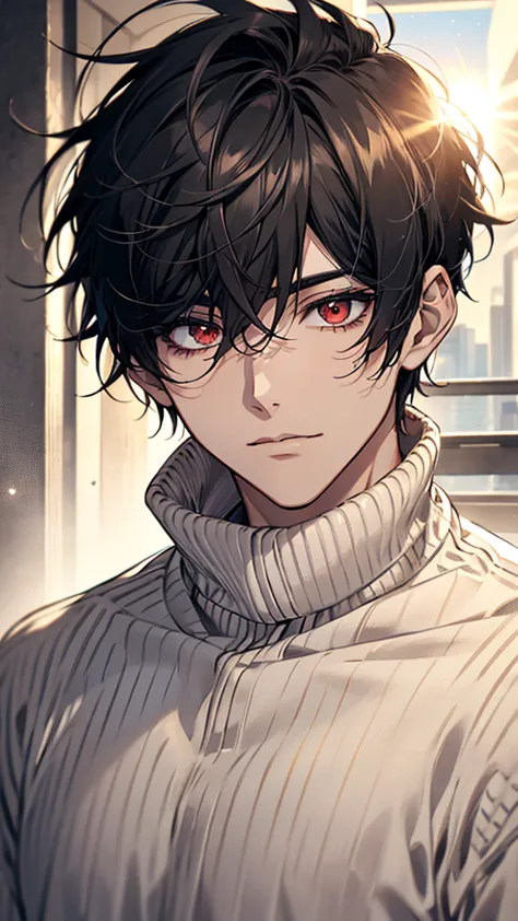 one, male, man, white soft sweater, red eyes, direct facial treatment, short black disheveled messy hair length, color of light ...