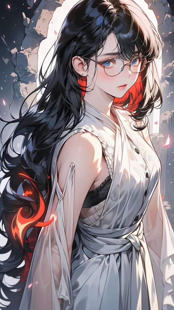 1 female,Black Hair, ,((Impatient look)),Beautiful breasts,Thin white vest,Good style,,(Facing forward)(((Red cheeks、A look of surprise)),(),((( Upper body portrait)))Frameless glasses,blue eyes,(((Even bangs)))((transparent))Sexy bra(Moist condition)