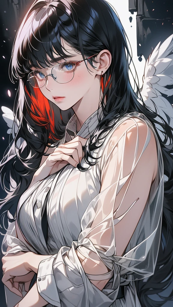 1 female,Black Hair, ,((Impatient look)),Beautiful breasts,Thin white vest,Good style,,(Facing forward)(((Red cheeks、A look of surprise)),(),((( Upper body portrait)))Frameless glasses,blue eyes,(((Even bangs)))((transparent))Sexy bra(Moist condition)