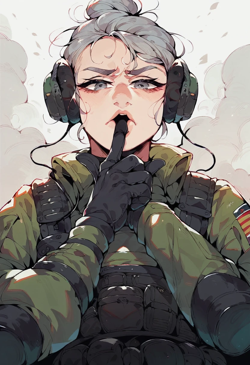  low angle pov, shushing gesture, stradling the viewer position, finger on mouth, asian older woman Special Ops in black tactical stealth suit, slight wrinkles. headphones, serious expression, one messy bun with grey hair, grey eyes, empty dark millitary base background