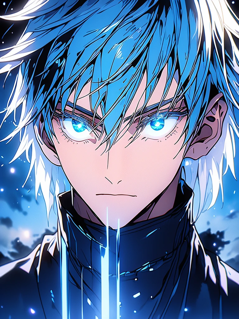 Saturo Gojo, niji style, highest quality, night vision, 1 anime boy, beautiful detailed eyes, beautiful detailed lips, extremely detailed face, longeyela shes, white hair, blue eyes, black and blue outfit, glowing blue aura, detailed intricate background, dark night sky, glowing stars, moonlight, cinematic lighting, volumetric lighting, hyper-realistic, atmospheric, vibrant colors, surreal, dreamlike, fantasy, cinematic composition