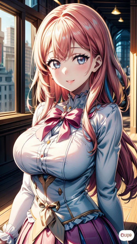 “(Top Quality, Masterpiece, Ultra High Definition, High Resolution, HDR, Unity 8K Wallpaper, Beautiful details, depth, delicacy, vibrant colors). A single girl in an anime style inspired by Epic Seven. She has beautifully detailed eyes, lips and face, her eyelashes are long, she wears an intricate and revealing gyaru-style uniform, a mini skirt, cute ribbons, accessories, her hands are not shown, her hair is multicolored with a striped curly texture, her hands are behind her back, a mix of rainbow hues and half white, half pink tones, the focus is on her upper body, capturing her smiling expression, her arms down, the accented mini skirt, this image highlights her attractive and adorable appearance, exuding an erotic and cute atmosphere. The girl's hairstyle is distinctive and different, adding uniqueness to her look, her hands are behind her back, this scene is rendered in ultra high definition CG, every detail is crisp and sharp.”