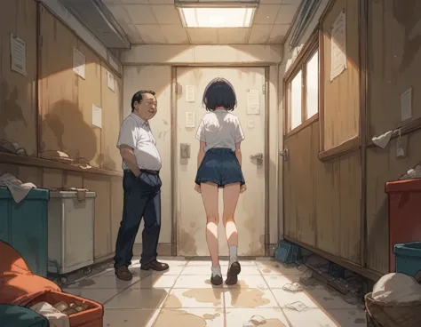 in a dirty room、a high school girl gets raped from behind by a fat, ugly middle-aged man