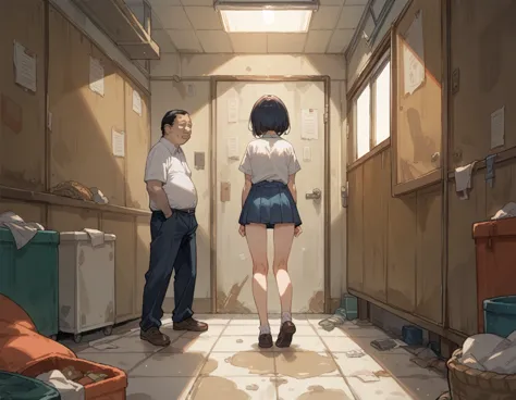 in a dirty room、a high school girl gets raped from behind by a fat, ugly middle-aged man