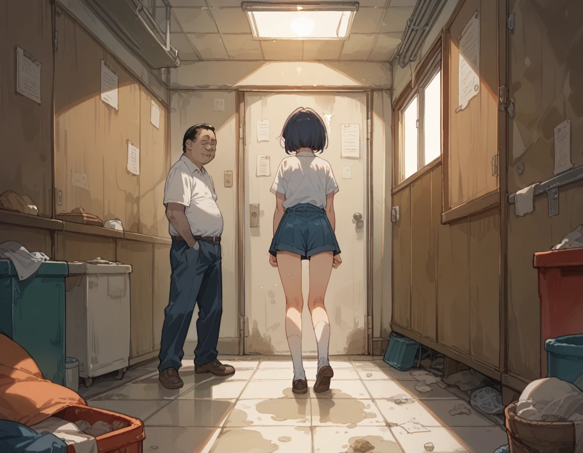 in a dirty room、A high school girl gets raped from behind by a fat, ugly middle-aged man