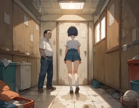 in a dirty room、a high school girl gets raped from behind by a fat, ugly middle-aged man