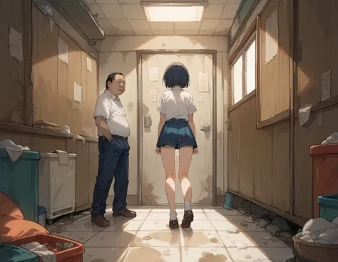 in a dirty room、a high school girl gets raped from behind by a fat, ugly middle-aged man