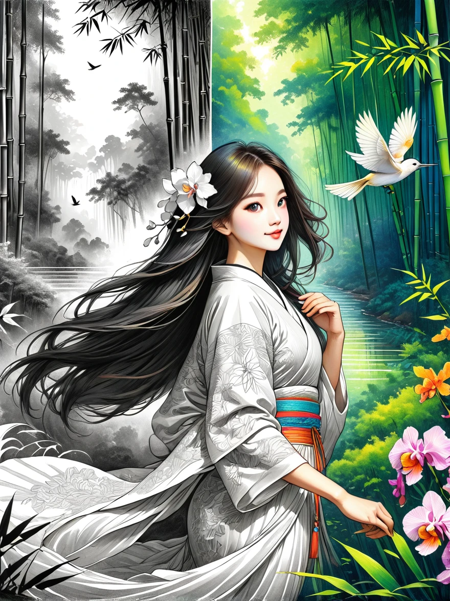 One beautiful female dancer, Floating clothes, Flowing long hair,Dynamic poses,

((bamboo forest))，[[[orchid]]]，[[[bird]]]，Works should be rendered in pencil sketch style，Transition from black and white on the left half to bright colors on the right half，Ensure seamless integration between the two halves，No dividing line，The scene is the same on both sides，Black and white pencil detail on left side，Right fill color，The mixture formed in the whole image，Perfect details, Strong contrast between light and dark