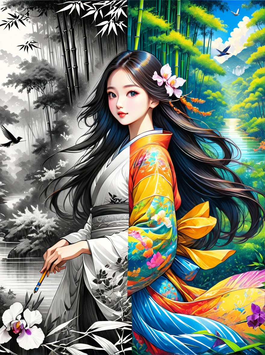 One beautiful female dancer, Floating clothes, Flowing long hair,Dynamic poses,

((bamboo forest))，[[[orchid]]]，[[[bird]]]，Works should be rendered in pencil sketch style，Transition from black and white on the left half to bright colors on the right half，Ensure seamless integration between the two halves，No dividing line，The scene is the same on both sides，Black and white pencil detail on left side，Right fill color，The mixture formed in the whole image，Perfect details, Strong contrast between light and dark