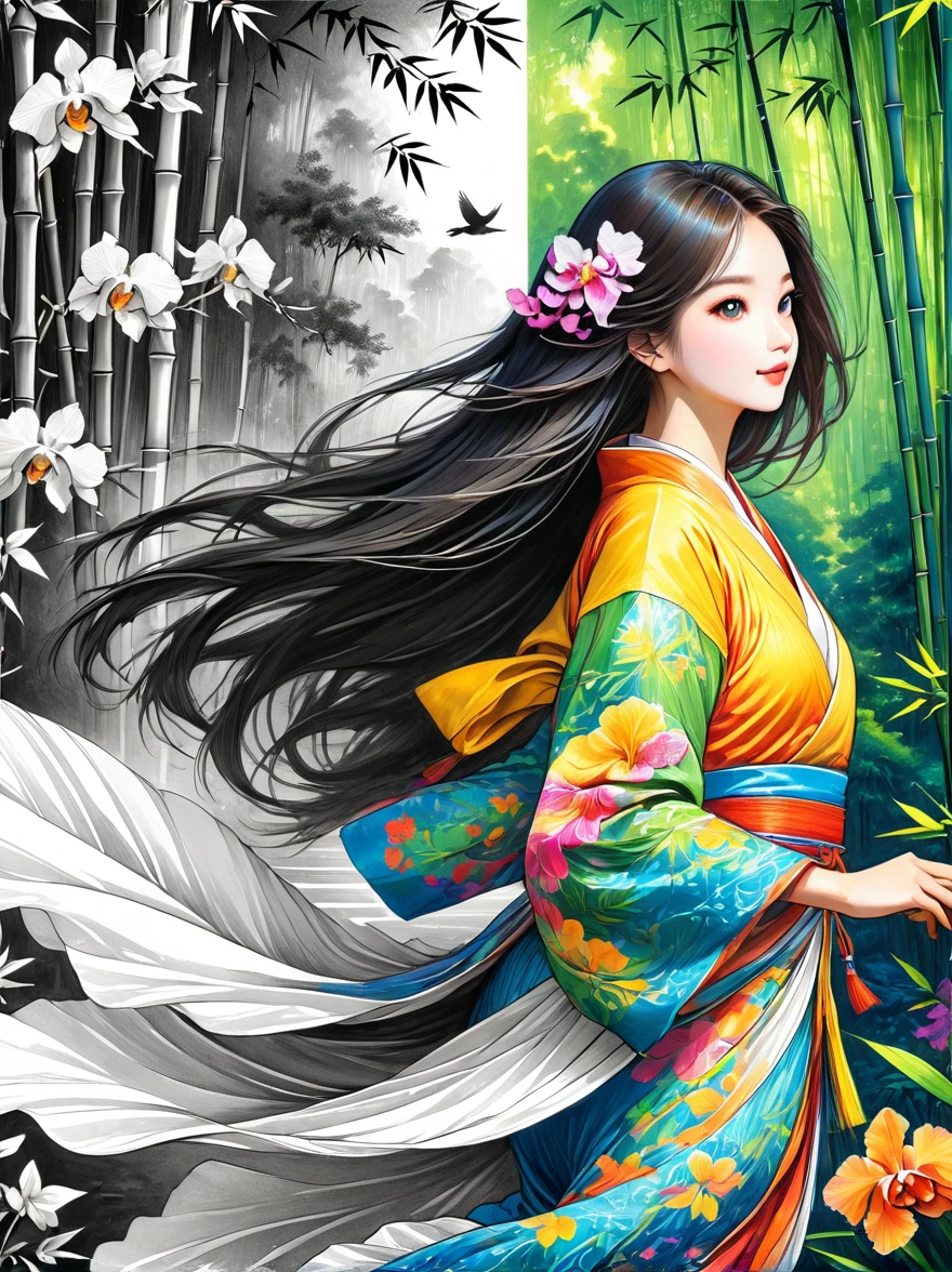 One beautiful female dancer, Floating clothes, Flowing long hair,Dynamic poses,

((bamboo forest))，[[[orchid]]]，[[[bird]]]，Works should be rendered in pencil sketch style，Transition from black and white on the left half to bright colors on the right half，Ensure seamless integration between the two halves，No dividing line，The scene is the same on both sides，Black and white pencil detail on left side，Right fill color，The mixture formed in the whole image，Perfect details, Strong contrast between light and dark