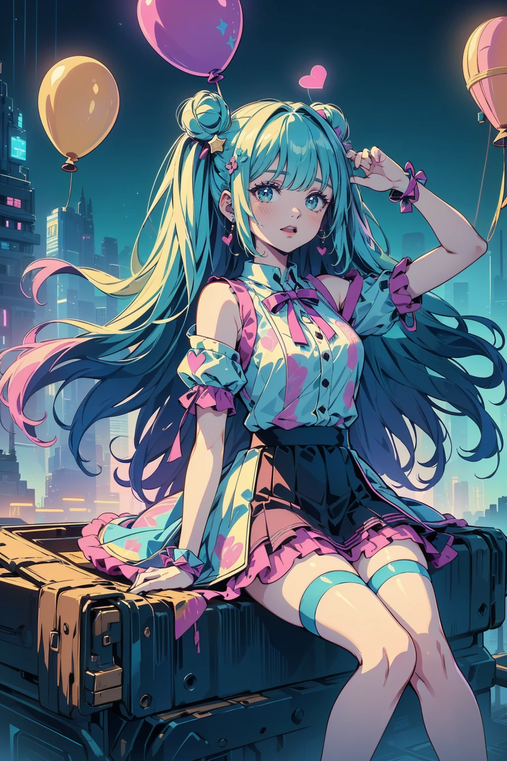 ,Expressive eyes, One person, Pale skin, Long Hair, Windblown Hair, ((absurdly Long Hair)), Long Side Lock, Princess bangs, Hair bangs, Hair Bun, ((Very long twin tails)), Rainbow Hair, Light pink hair, blush, full face blush, big sparkling Pastel Purple eyes, (Gradient Eye), Laughing with your mouth open, cute pose, ((Holding a balloon : 1.3)) ((cute and pastel fashion)) ((🎈🎉❤ theme : 1.4)) A loose pastel dress, ((Dreamy multi-colored open dress)), (Floating ribbon), Lavender Frill, Pink frills, (Light blue lace), Removable short sleeves, Fluffy skirt, ((Rainbow and star printed skirt : 1.3)), Data skirt, Purple ribbon, ((pom pom ribbon hair ornament : 1.4)), Multiple Bows, Striped lace stockings, (heart型のレッグガーター), cute (Pastel Purple) shoes ((Ultra-detailed clothing and fashion)) I&#39;m watching you, Vintage Girl, blush, (Beautiful attention to detail), (Highly detailed CG Unity 8k wallpaper) (Best Shadow), ((Very delicate and beautiful)), (Detailed light), ((Depth of written boundary)) Big Head, Big, bright eyes, Moe, Splash Art, Cinema Lighting, Front view, Volumetric lighting Maximalist photo illustration k resolution High resolution Intricate detailed complex key visuals Accurate linear ((Dreamy pastel sky background, Surrounded by sunset clouds, shooting star, Castle above the clouds)) ((Ultra-detailed landscapes, Foggy clouds, Hung by balloons, heart : 1.3))
