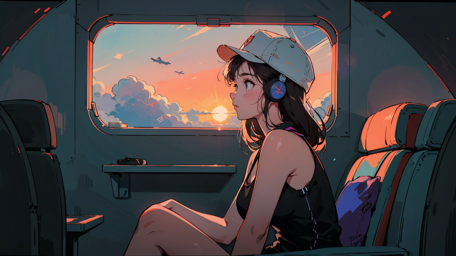 Young woman with long dark hair sitting by airplane window, side profile view. Wearing a cap and large headphones and black tank top. She's looking at viewers. airplane window at sunset sky, purple and blue hues visible. Interior of plane dimly lit with warm orange glow from window. Dreamy, atmospheric mood with slight film grain effect