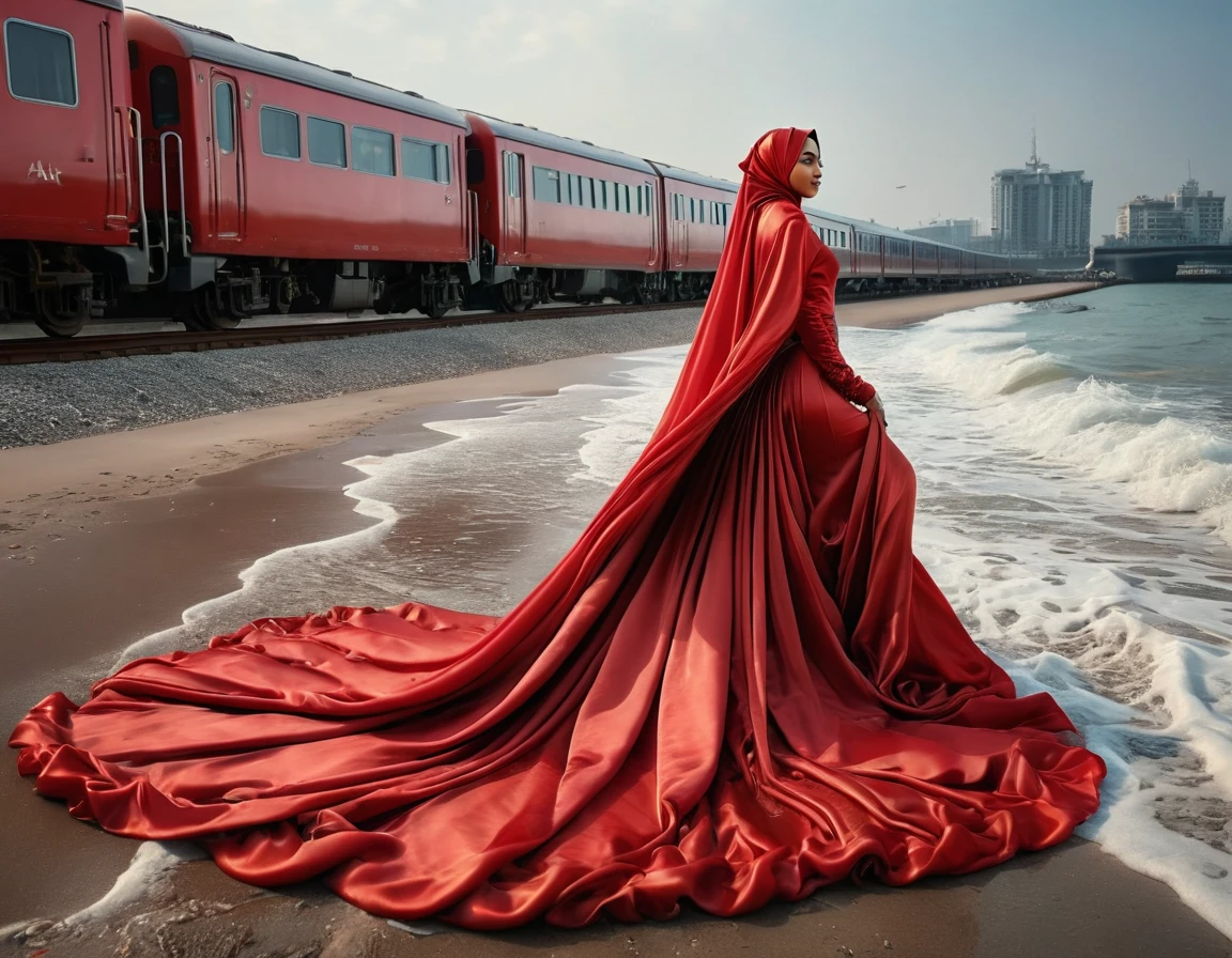 A woman shrouded in a 10-meter-long, plush red satin cloth, tightly bound and grandly draping along the form of her body, flowing off into a pooled floor-length train, styled in a mermaid-inspired outfit, her head modestly veiled in a satin hijab, tall woman, outdoor, a full-body pose conveying a sense of mysterious elegance, captured in a 4k resolution, ultra-realistic