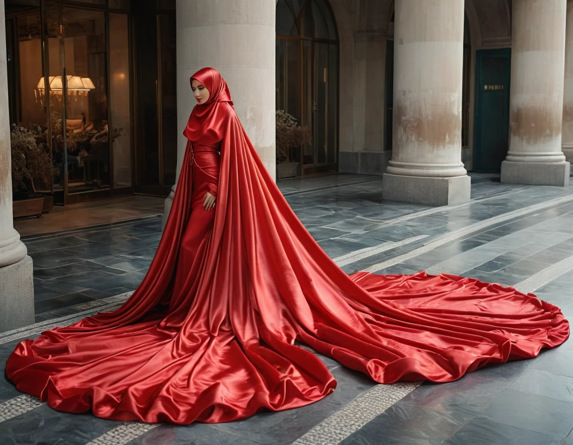 A woman shrouded in a 10-meter-long, plush red satin cloth, tightly bound and grandly draping along the form of her body, flowing off into a pooled floor-length train, styled in a mermaid-inspired outfit, her head modestly veiled in a satin hijab, tall woman, outdoor, a full-body pose conveying a sense of mysterious elegance, captured in a 4k resolution, ultra-realistic