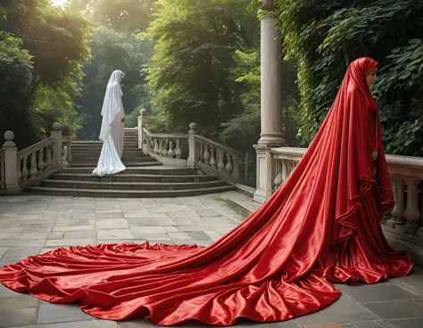 a woman shrouded in a 10-meter-long, plush red satin cloth, tightly bound and grandly draping along the form of her body, flowin...