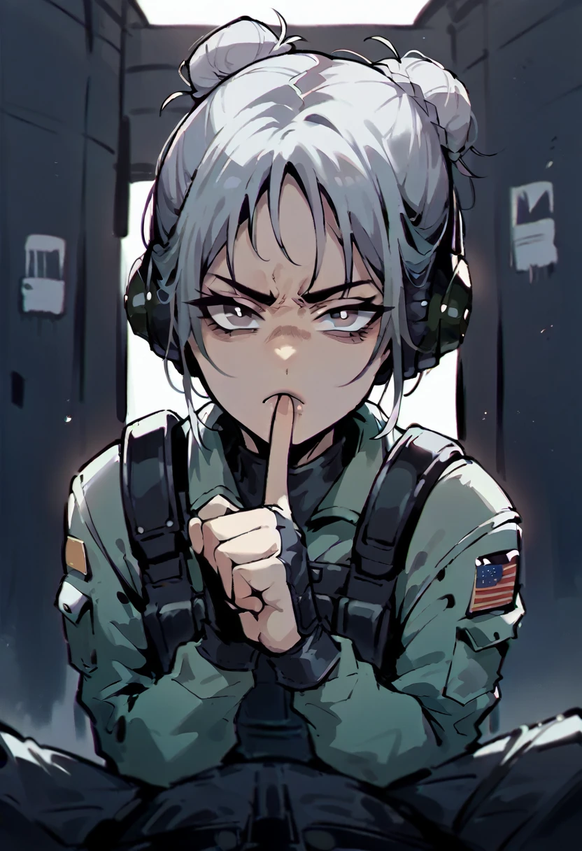 cowgirl pov, full body, shushing gesture, finger on mouth, asian older woman Special Ops in black tactical stealth suit, slight wrinkles. headphones, serious expression, one messy bun with grey hair, grey eyes, empty dark millitary base background