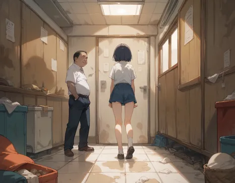 in a dirty room、a high school girl gets raped from behind by a fat, ugly middle-aged man