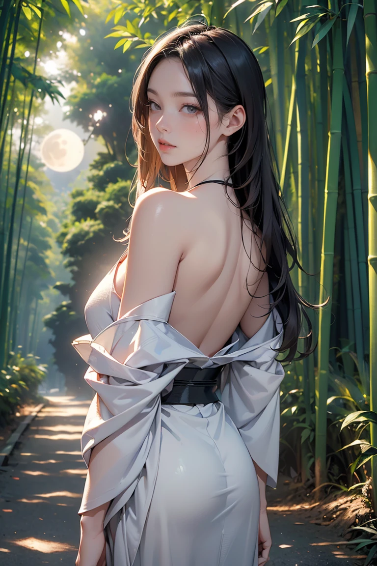 Bamboo Forest, ((masterpiece, highest quality, Highest image quality, High resolution, photorealistic, Raw photo, 8K, Extremely detailed CG unified 8k wallpaper)), A straight road between bamboo groves, lanterns illuminating the ground, a full moon at midnight, and the back view of a woman wearing a Japanese kimono standing in the middle of the road, a bamboo grove at night,