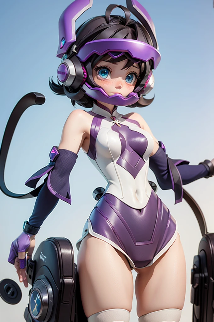 (Highly detailed CG), (Highest quality), One person, Perfect Face,  Glowing Skin, Shiny skin, Wide Hips,Tight waist, KohinataMiku,bangs,mask,Helmet,blue eyes,Removable sleeves,Purple gloves,Bodysuits,leotard,Knee socks Elbow gloves,Exposing shoulders,headgear,One person,Black Hair, short hair, Mind control, Glowing Eyes, Expressionless, , View your viewers,Dynamic Angle、Dynamic Pose