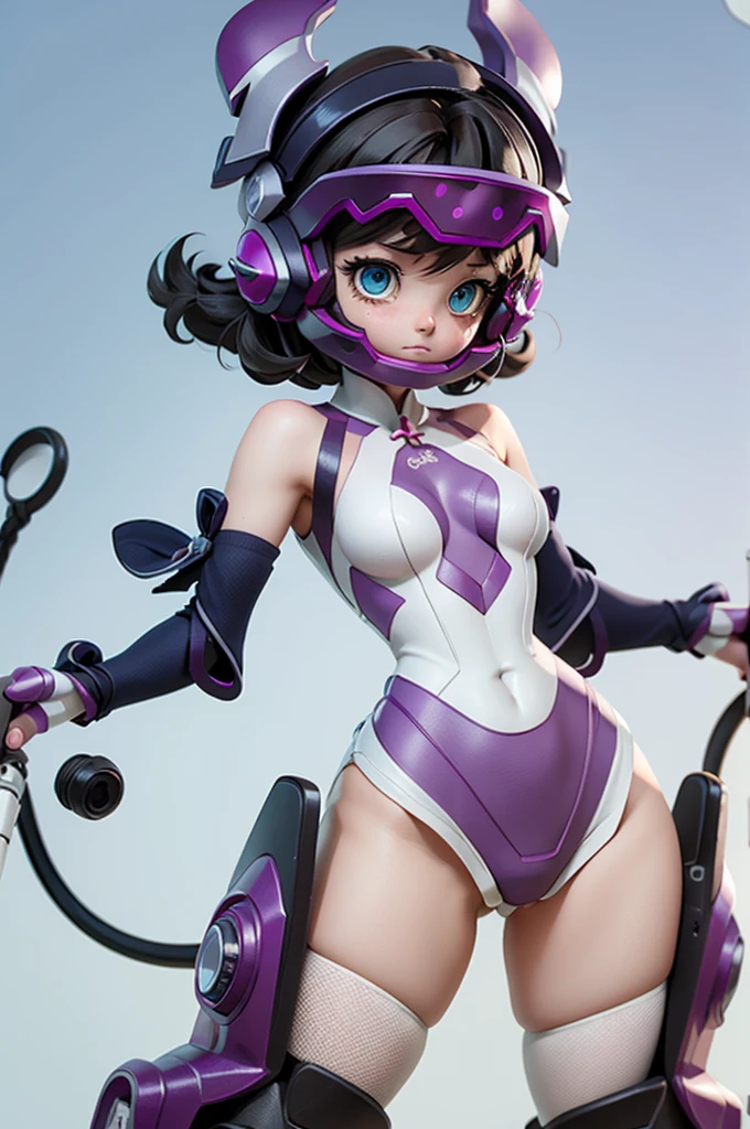 (Highly detailed CG), (Highest quality), One person, Perfect Face,  Glowing Skin, Shiny skin, Wide Hips,Tight waist, KohinataMiku,bangs,mask,Helmet,blue eyes,Removable sleeves,Purple gloves,Bodysuits,leotard,Knee socks Elbow gloves,Exposing shoulders,headgear,One person,Black Hair, short hair, Mind control, Glowing Eyes, Expressionless, , View your viewers,Dynamic Angle、Dynamic Pose