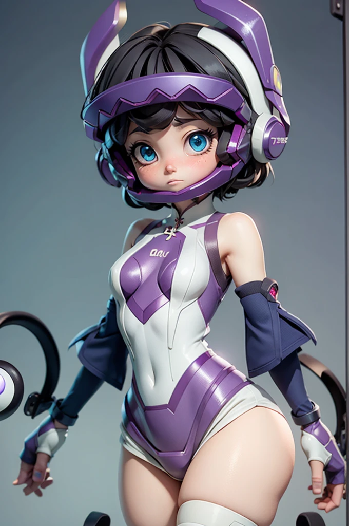 (Highly detailed CG), (Highest quality), One person, Perfect Face,  Glowing Skin, Shiny skin, Wide Hips,Tight waist, KohinataMiku,bangs,mask,Helmet,blue eyes,Removable sleeves,Purple gloves,Bodysuits,leotard,Knee socks Elbow gloves,Exposing shoulders,headgear,One person,Black Hair, short hair, Mind control, Glowing Eyes, Expressionless, , View your viewers,Dynamic Angle、Dynamic Pose